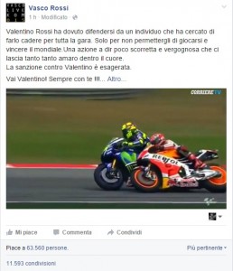 Vasco Rossi sta con Valentino Rossi: Marquez vergogna