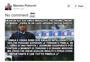 Le parole di Roberto Mancini dopo Lazio-Arsenal  riportate su Twitter dal giornalista Maurizio Pistocchi