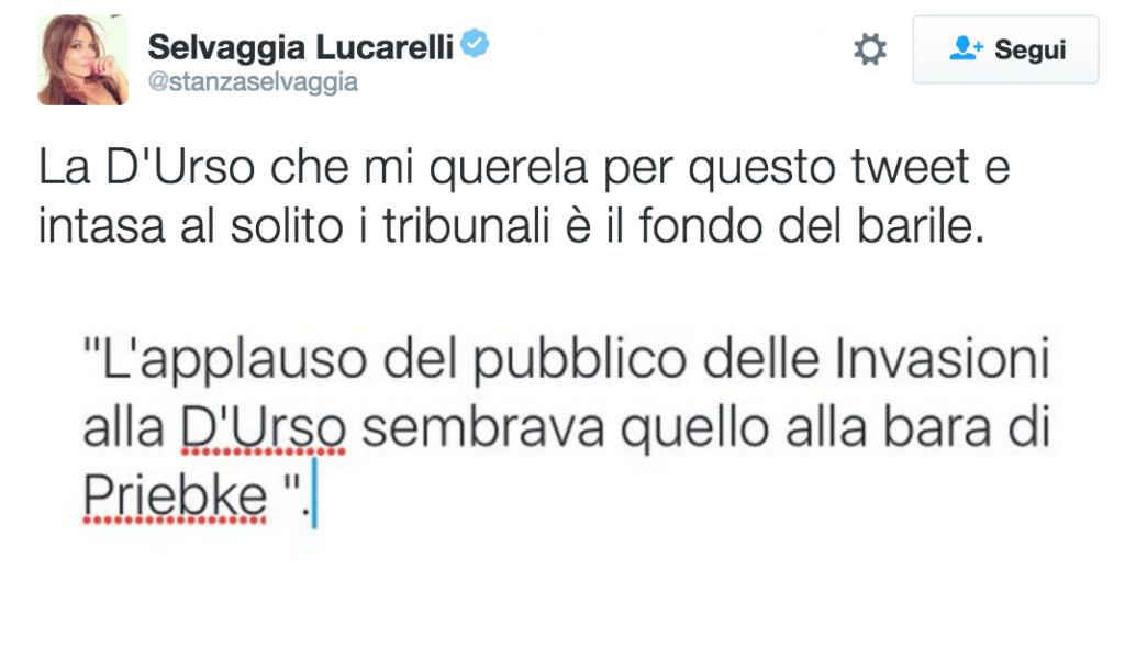 Barbara D'Urso querela Selvaggia Lucarelli per un tweet