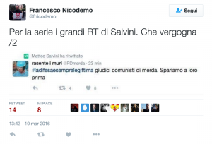 "Sparate ai giudici": Matteo Salvini ritwitta @PDmerda