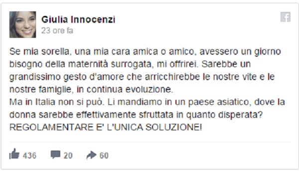 Giulia Innocenzi su Fb: "Utero in affitto? Per un'amica..."