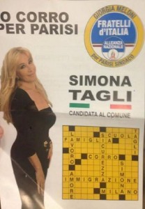 Simona Tagli, manifesto elettorale col cruciverba televisivo
