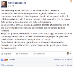 Berlusconi: "Mi affido a Dio, Forza Italia è viva"