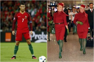 Ciristiano Ronaldo come hostess Alitalia: completo rosso e calze verdi
