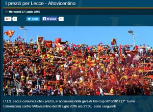 Lecce-Altovicentino: Raisport1 streaming e diretta tv. Come vedere Coppa Italia 2016-17