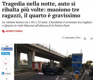 Incidente a Cagliari, morti tre giovani, due sono gravissimi