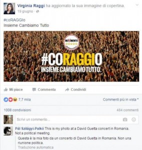 Virginia Raggi, fotografo accusa: "Foto su Facebook è mia, un concerto di Guetta"