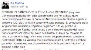 Festival di Sanremo: elenco Big in gara. Statuto postano su Facebook...