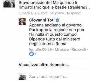 Giovanni Toti e quel post sulle "bestie straniere" su Facebook
