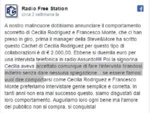 Cecilia Rodriguez, Radio Free Station: "Chiesti 2mila euro per intervista, poi è sparita"